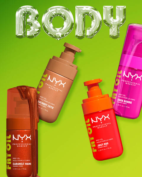 NYX Professional Makeup Body Oil products on a bright green background, with Caramelt Mami body oil, other pump bottles, and clear balloon-style “BODY” lettering.