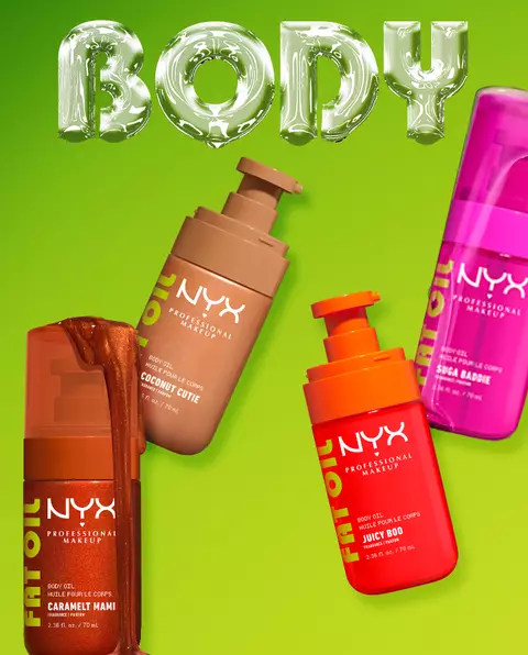 NYX Professional Makeup Body Oil products on a bright green background, with Caramelt Mami body oil, other pump bottles, and clear balloon-style “BODY” lettering.