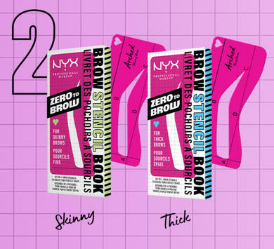 NYX Professional Makeup Zero to Brow stencil books for skinny and thick brows, featuring pink and black packaging with stencil shapes.