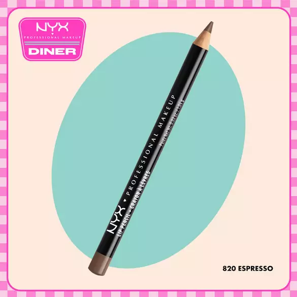NYX Professional Makeup Slim Lip Pencil in 820 Espresso shown on a beige background with a teal oval and NYX Diner logo