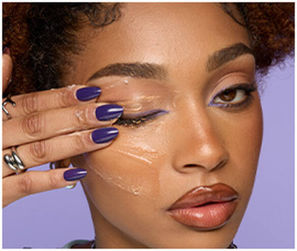 Split image showing steps of using The Face Unglue Makeup Remover Cleansing Balm. 02 MASSAGE INTO DRY SKIN