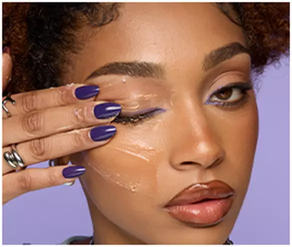 Split image showing steps of using The Face Unglue Makeup Remover Cleansing Balm. 02 MASSAGE INTO DRY SKIN