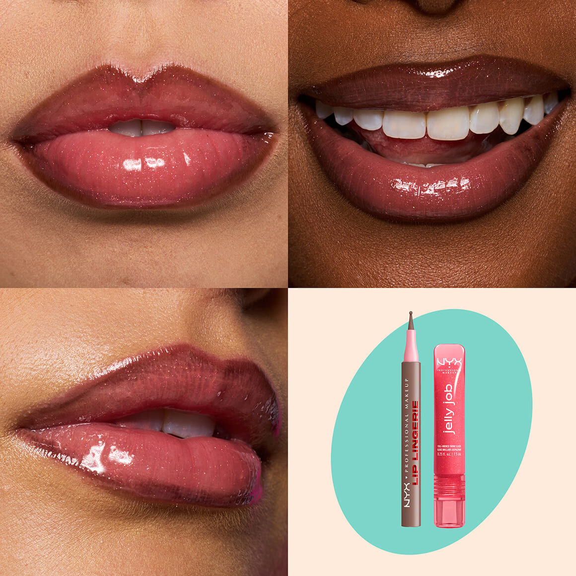 NYX Professional Makeup Lip Lingerie Lip Liner Stain in 05 Lip Lock and Jelly Job Full Bodied Shine Gloss in 08 Jelly Kiss’d shown on three glossy lip swatches with product packshot