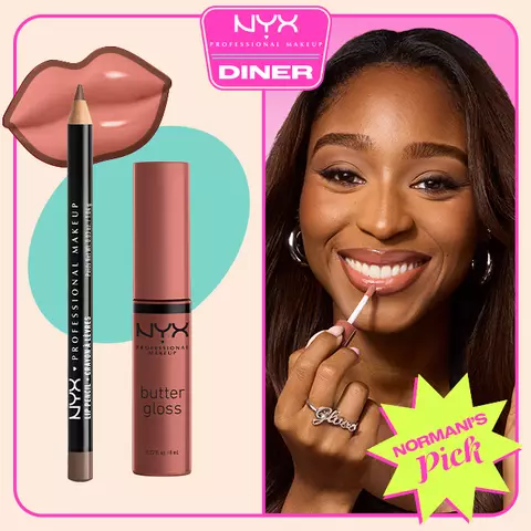 NYX Professional Makeup Slim Lip Pencil in 820 Espresso and Butter Gloss in 16 Praline shown beside a smiling model applying nude gloss, with NYX Diner logo and Normani’s Pick badge on a pink background