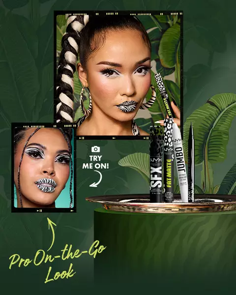 NYX Professional Makeup Zesty Zebra campaign image featuring a model with black-and-white graphic eye makeup and zebra-striped lips, beside Epic Ink Liner Black, Jumbo Eye Pencil Milk White, SFX Paint Stick Night Crawler and Fat Matte Fatal Pout.