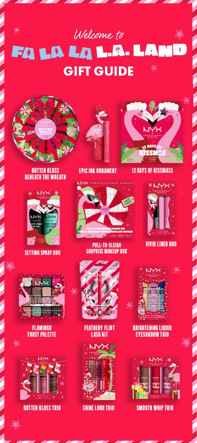 NYX Cosmetics' Fa La La L.A. Land Gift Holiday Collection products against red background