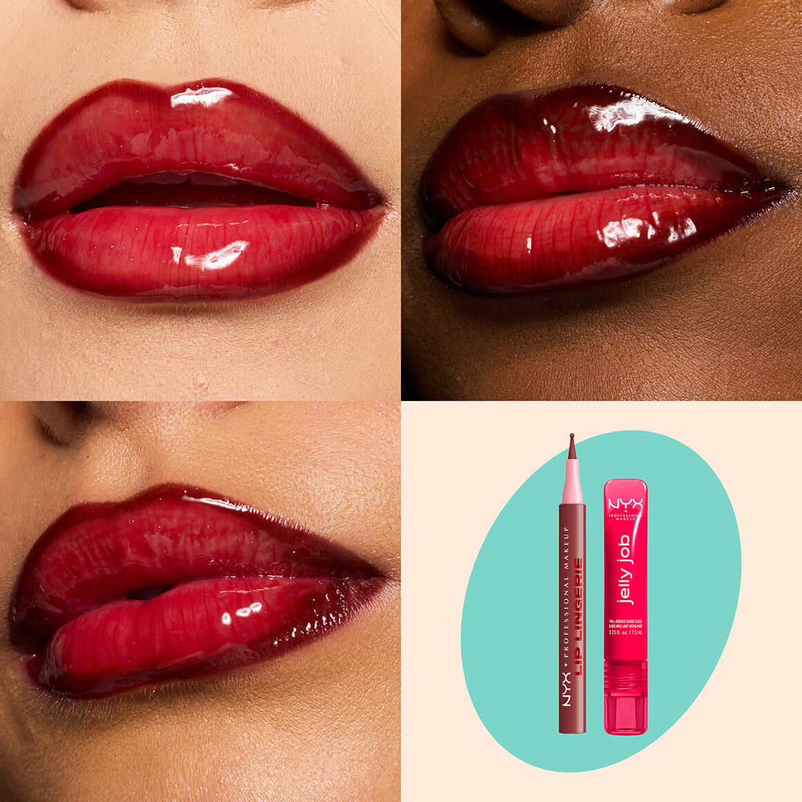 NYX Professional Makeup Lip Lingerie Lip Liner Stain in 10 Up All Night and Jelly Job Full Bodied Shine Gloss in 14 Cherry Jelly shown on three glossy lip swatches with product packshot