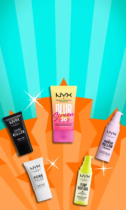 A vibrant, graphic image showcasing five best-selling primers from NYX Professional Makeup for their Primer Finder Quiz. The primers—Shine Killer, Pore Filler, Plump Right Back, The Marshmellow Primer, and Blur Screen SPF 30—are displayed against a colorful background of orange stars and turquoise rays.