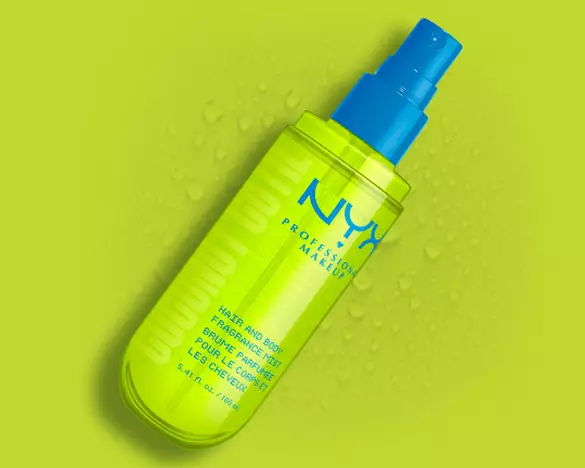 Product shot of Coconut Cutie Hair & Body Fragrance Mist against lime green background as step 3 of body care routine.