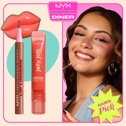 NYX Professional Makeup Lip Lingerie Lip Liner Stain in 02 Naughty Nude and Jelly Job Full Bodied Shine Gloss in 12 Jelly Squeeze shown beside a smiling model applying coral gloss, with NYX Diner logo and Gabi’s Pick badge