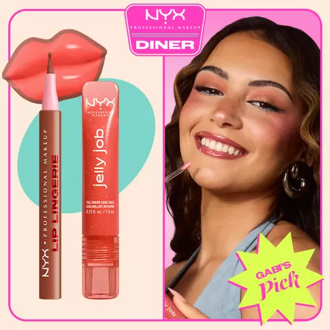 NYX Professional Makeup Lip Lingerie Lip Liner Stain in 02 Naughty Nude and Jelly Job Full Bodied Shine Gloss in 12 Jelly Squeeze shown beside a smiling model applying coral gloss, with NYX Diner logo and Gabi’s Pick badge