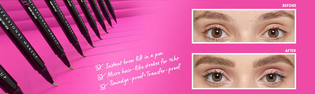 Lift & Snatch! Brow Tint Pen before and after against pink background