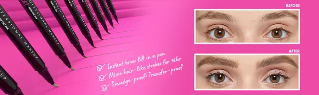 Lift & Snatch! Brow Tint Pen before and after against pink background