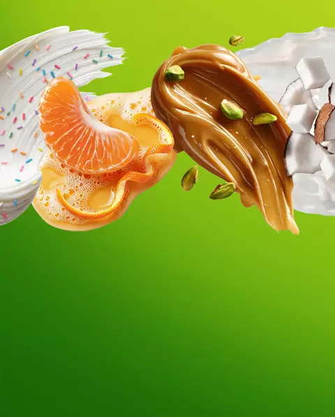 Four scent textures on a bright green background: vanilla cream with sprinkles, clementine and mango, caramel with pistachios, and coconut pieces in cream, above Which Body Baddie Are You? text.