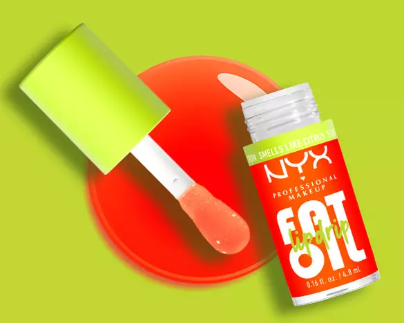 Product shot of Fat Oil Lip Drip in Juicy Boo against lime green background as step 3 of body care routine.