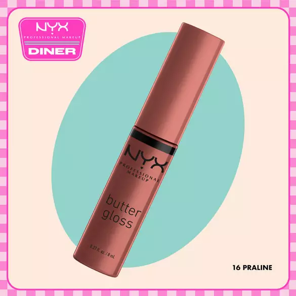NYX Professional Makeup Butter Gloss in 16 Praline shown on a beige background with a teal oval and NYX Diner logo