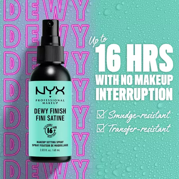 Dewy setting spray locks makeup up to 16 hours