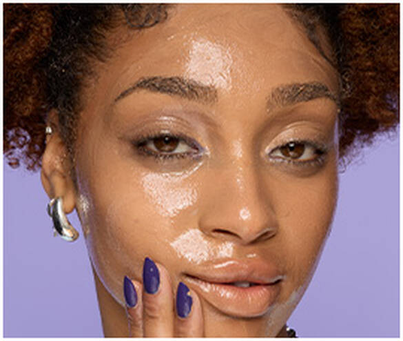 Split image showing steps of using The Face Unglue Makeup Remover Cleansing Balm. 03 WET FACE TO ACTIVATE BALM & RINSE