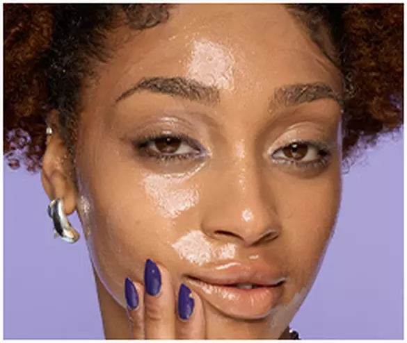 Split image showing steps of using The Face Unglue Makeup Remover Cleansing Balm. 03 WET FACE TO ACTIVATE BALM & RINSE