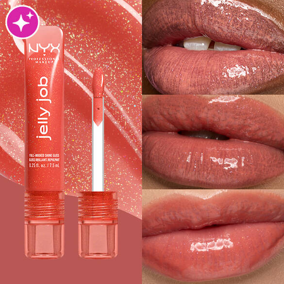Packshot & 3 models with varying skin tones wearing Jelly Job Jelly Lip Gloss in 'Jelly Squeeze', a peach pearl shimmer color