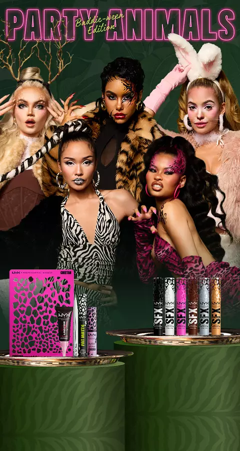 NYX Professional Makeup Party Animals Baddie-wen Edition campaign banner featuring five models in animal-inspired makeup and costumes, with displayed lip products, a Cheetah makeup palette and neon Party Animals text.