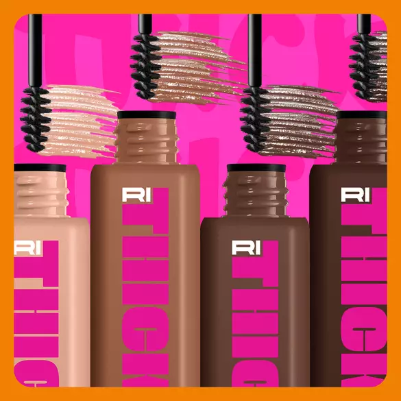 NYX Professional Makeup Fluff & Snatch brow pencil shown with a brown line drawn on a pink background, fluffy pink texture, and text highlighting vegan, cruelty-free, and no makeup retouching.