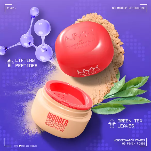Open Wonder Snatch™ Setting Powder with spilled powder, green tea leaves, and illustration of peptides on purple background
