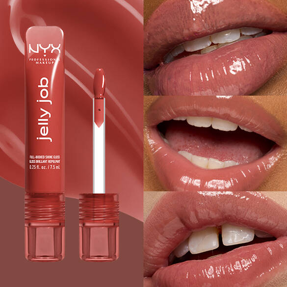 Packshot & 3 models with varying skin tones wearing Jelly Job Jelly Lip Gloss in shade 'Jelly Filled', a spice brown color