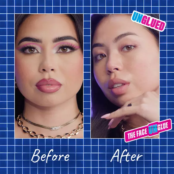 Before and after of using The Face Unglue Makeup Remover Cleansing Balm. Removes longwear makeup, sunscreen, dirt and oil.