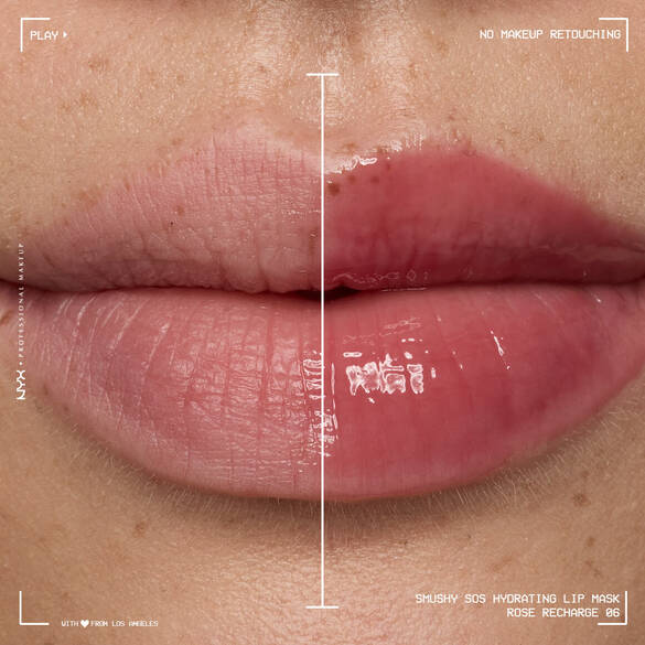 Split view of dry lips before and glossy hydrated lips after NYX Professional Makeup Smushy SOS lip mask in Rose Recharge.