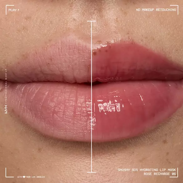 Split view of dry lips before and glossy hydrated lips after NYX Professional Makeup Smushy SOS lip mask in Rose Recharge.