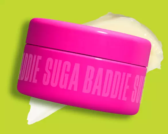 Product shot of Fat Oil Body Butter in Suga Baddie with swatch against lime green background as step 1 of body care routine.