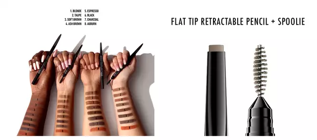 Arms showing Precision Brow Pencils' shades next to close-up of flat tip and spoolie