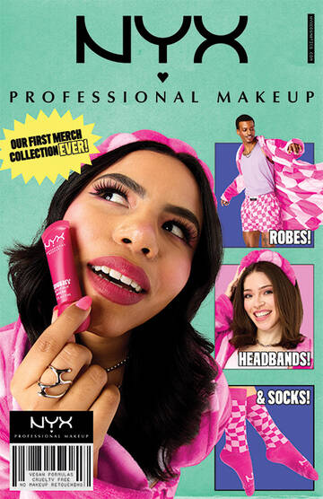 NYX Professional Makeup promotional image for their first merch collection featuring robes, headbands, and socks in pink checkered patterns. Text highlights "Our first merch collection!" in a yellow starburst.