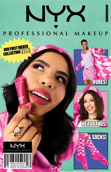NYX Professional Makeup promotional image for their first merch collection featuring robes, headbands, and socks in pink checkered patterns. Text highlights "Our first merch collection!" in a yellow starburst.