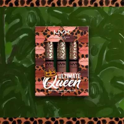 Ultimate Queen Butter Gloss Nude Trio against green background and leopard print border