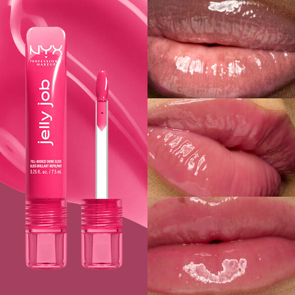 Packshot & 3 models with varying skin tones wearing Jelly Job Jelly Lip Gloss in shade 'Juicy Jelly', a bright pink color