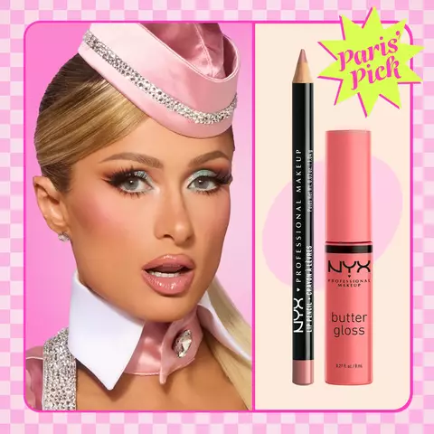 Paris Hilton in pink diner-inspired styling with glossy nude lips beside Slim Lip Pencil in 858 Nude Pink and Butter Gloss in 05 Creme Brulee, with Paris Pick badge.