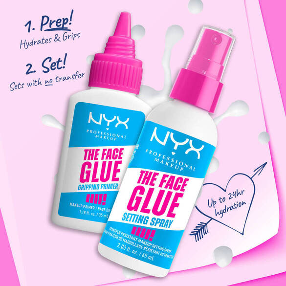 The Face Glue Gripping Primer and The Face Glue Setting Spray with text “1. Prep! Hydrates & Grips, 2. Set! Sets with no transfer. Up to 24hr hydration”