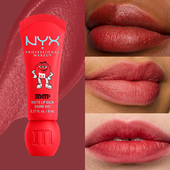 NYX Professional Makeup M&M’S Smushy Surprize Matte Lip Balm in Red, shown with vibrant red matte finish on lips of various skin tones.