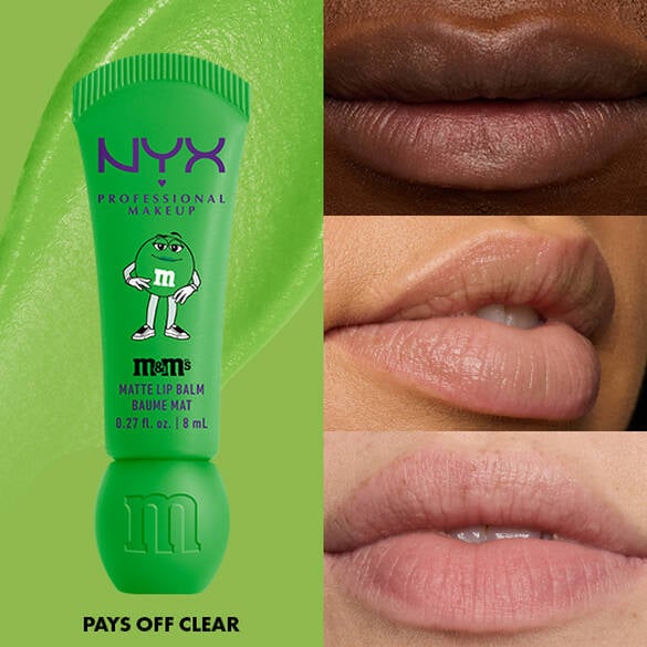 NYX Professional Makeup M&M’S Smushy Surprize Matte Lip Balm in Green, shown with clear finish on lips of various skin tones.