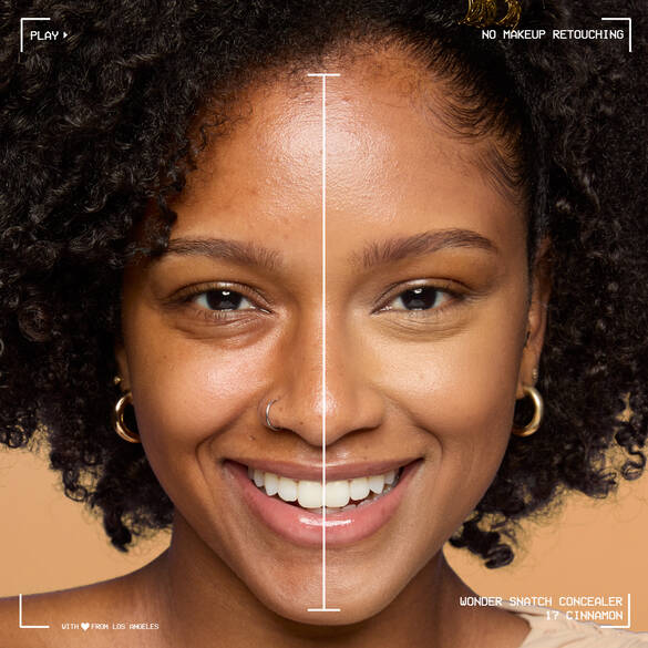 Before-and-after comparison of model wearing Wonder Snatch(TM) Concealer, showing the soft matte finish.