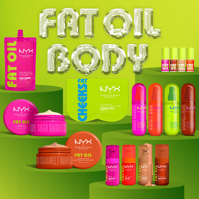 Product shot showing the entire NYX Professional Makeup Fat Oil Body Care Collection against a lime green background with text: Fat Oil Body.
