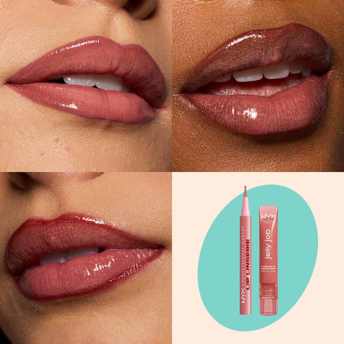 NYX Professional Makeup Lip Lingerie Lip Liner Stain in 07 Cuff Me and Jelly Job Full Bodied Shine Gloss in 05 Honey It’s Jelly shown on three glossy lip swatches with product packshot