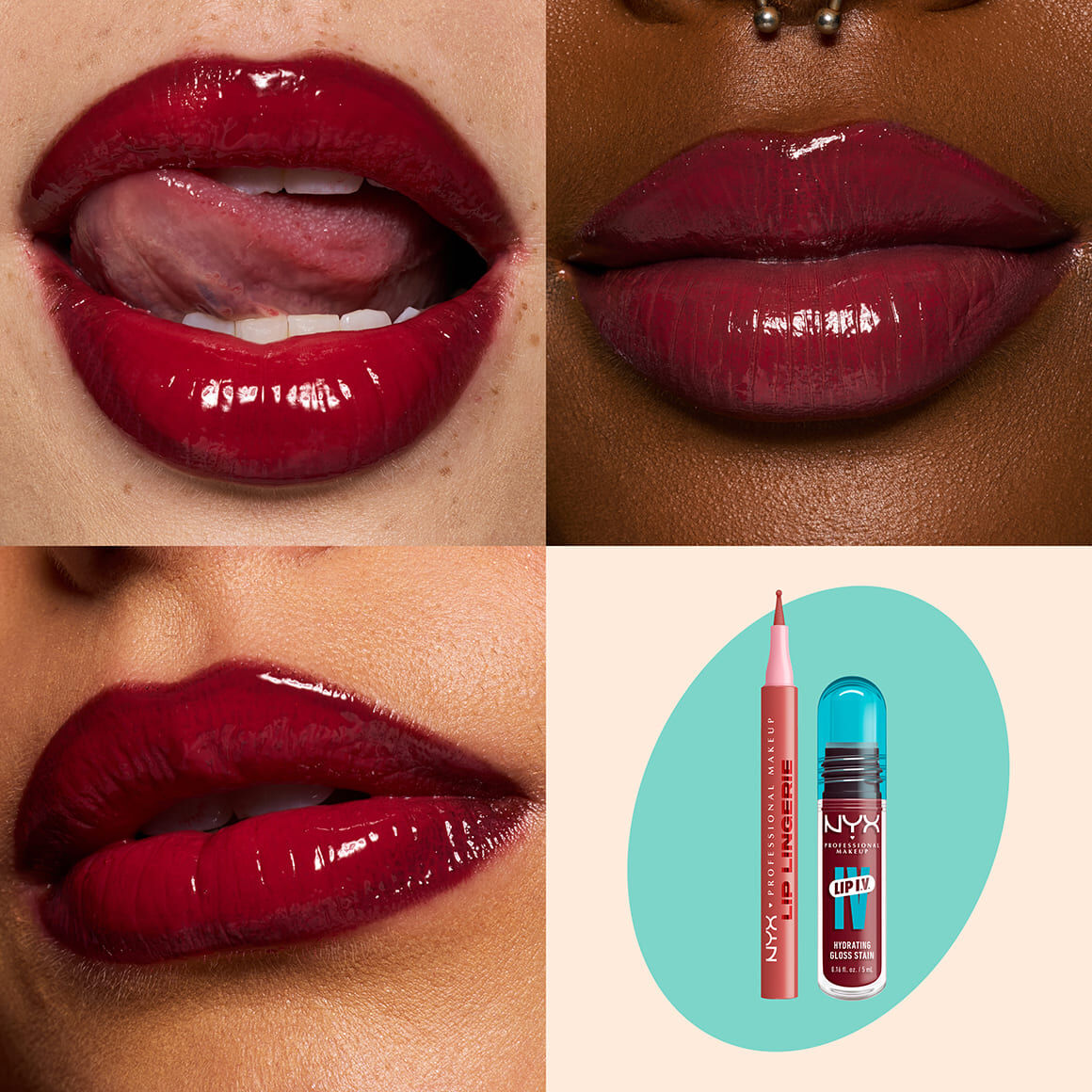 NYX Professional Makeup Lip Lingerie Lip Liner Stain in 09 Send Nudes and Lip IV Hydrating Gloss Stain in 09 Blush Rush shown on three glossy lip swatches with product packshot