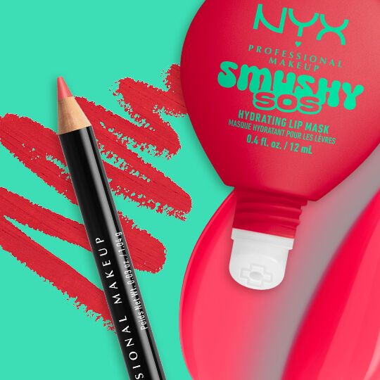 NYX Professional Makeup Slim Lip Pencil in Hot Red paired with Smushy SOS tinted lip treatment in Red-Y 2 Chill, with swatches