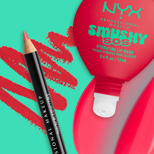 NYX Professional Makeup Slim Lip Pencil in Hot Red paired with Smushy SOS tinted lip treatment in Red-Y 2 Chill, with swatches