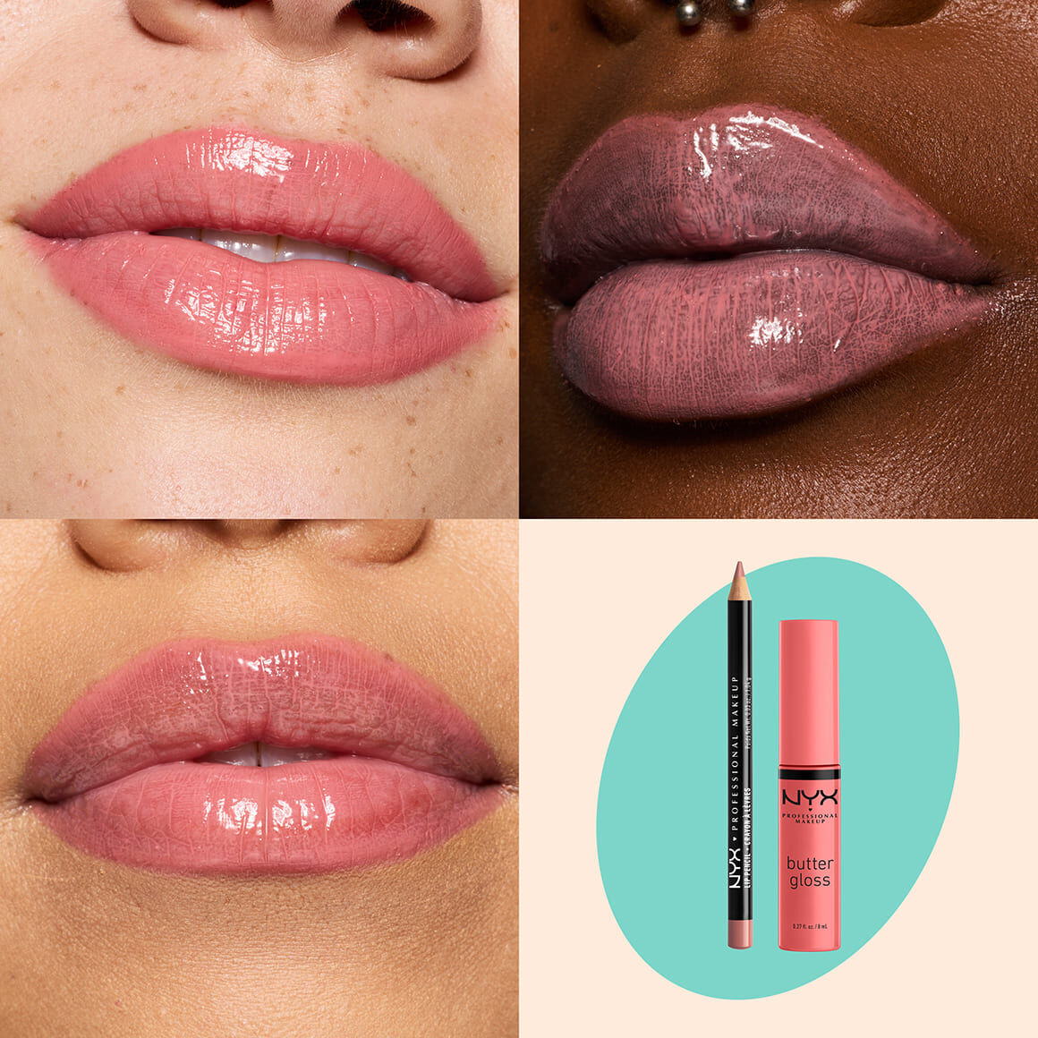 NYX Professional Makeup Slim Lip Pencil in 858 Nude Pink and Butter Gloss in 05 Creme Brulee shown on three glossy lip swatches with product packshot