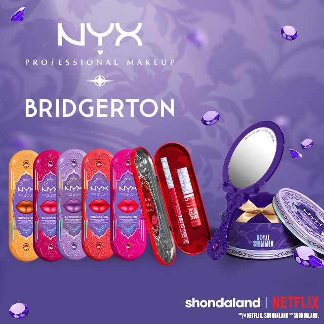 Wide banner for NYX Professional Makeup x Bridgerton collection. Left: 'Dearest reader, the secret's out! Get that royal pout.' text with 'Shop' button. Right: Collection makeup on purple background.