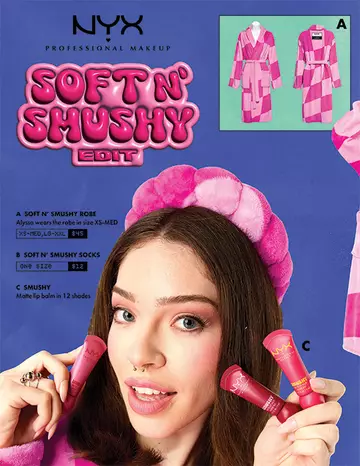 NYX "Soft N' Smushy Edit" featuring a pink robe, socks, and matte lip balms in 12 shades.